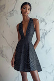 A Line Halter Cuello En V Mini Negro Blanco Vestido De Lunares