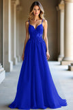 A Line Tirantes de Espagueti Azul Oscuro Novia Vestido de Fiesta Largo