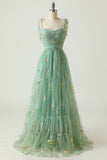 Verde Vestido de dama de Honor Largo de Tul Bordado