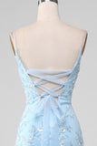 Vestido de fiesta largo de sirena con cuentas azul claro brillante